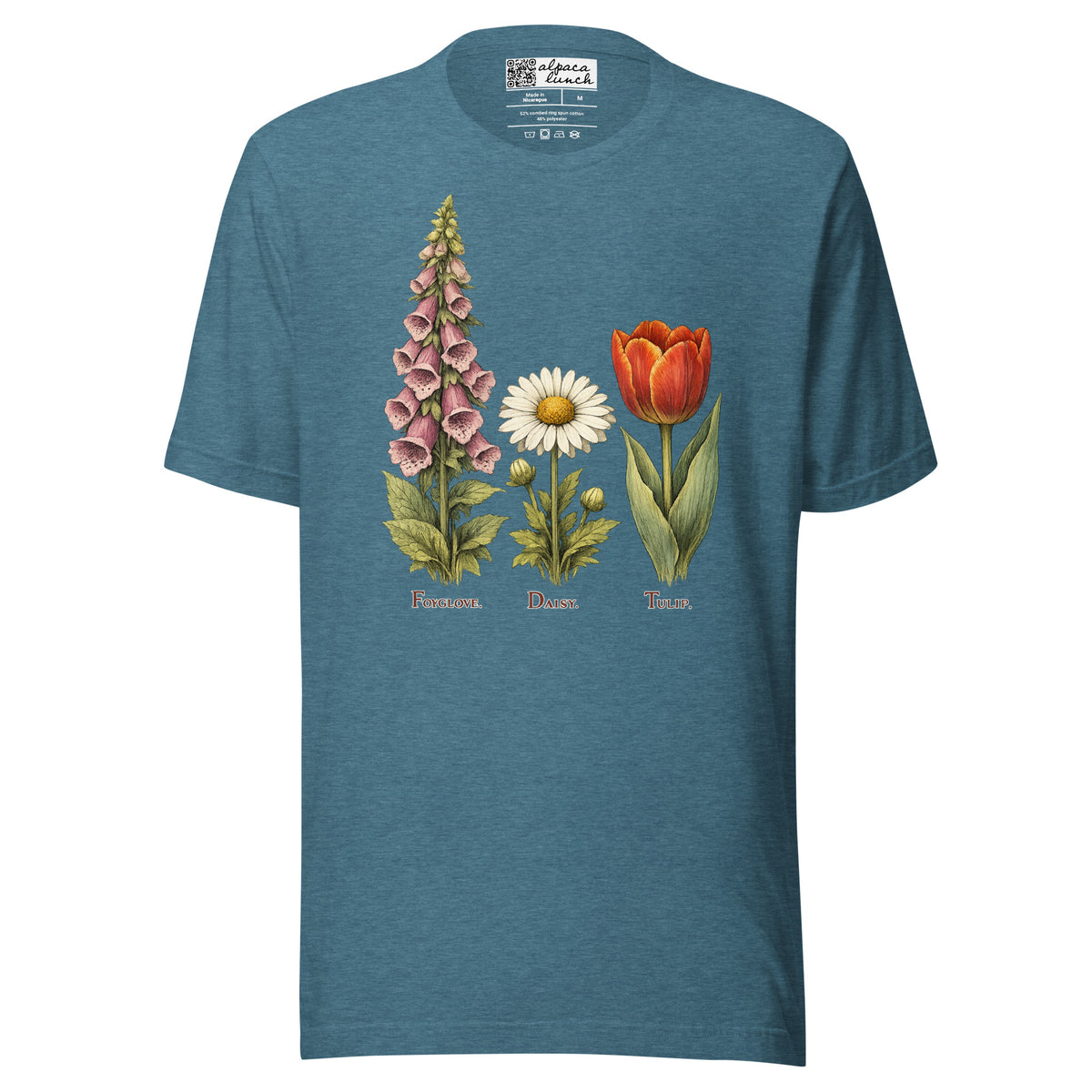F.D.T. Botanical Study unisex tee in Heather Deep Teal, front view