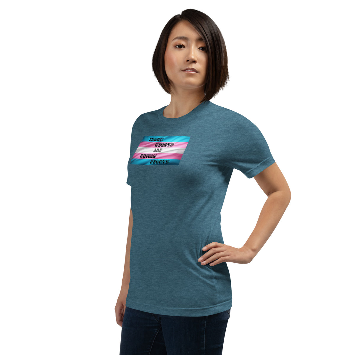 Trans Rights Are Human Rights unisex tee in Heather Deep Teal, left front view