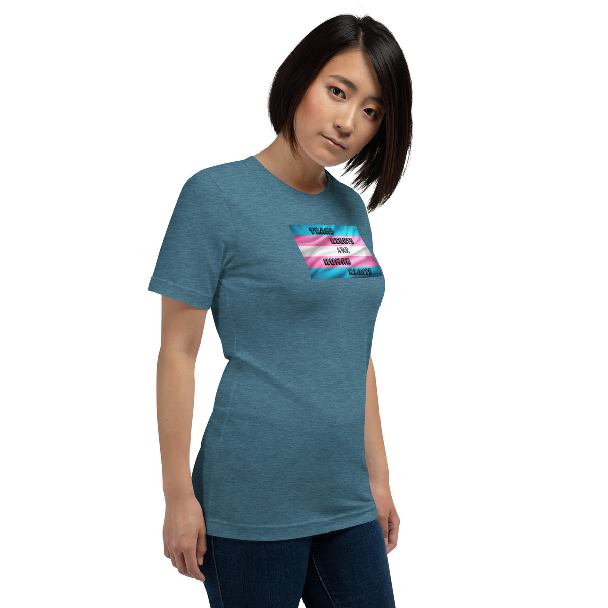 Trans Rights Are Human Rights unisex tee in Heather Deep Teal, right front view