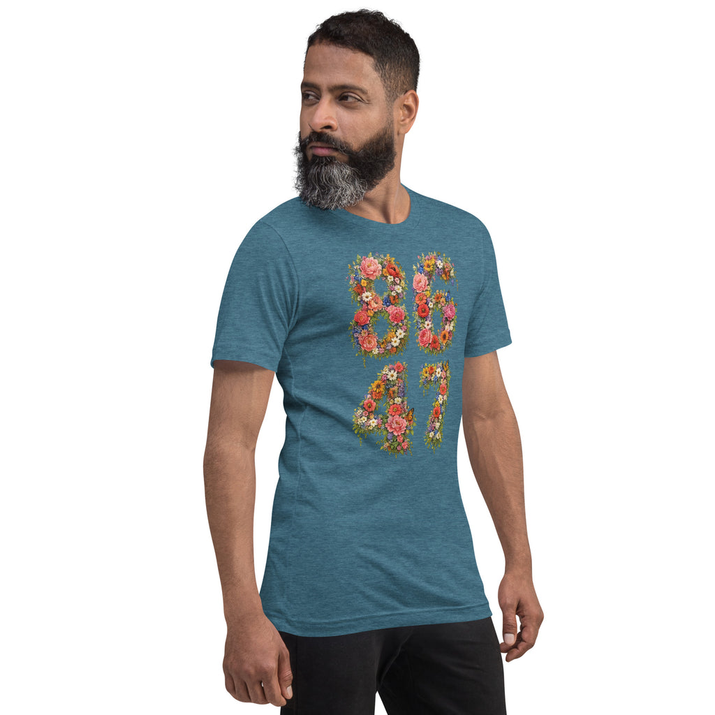 8647 Flowers unisex tee in Heather Deep Teal, right front view