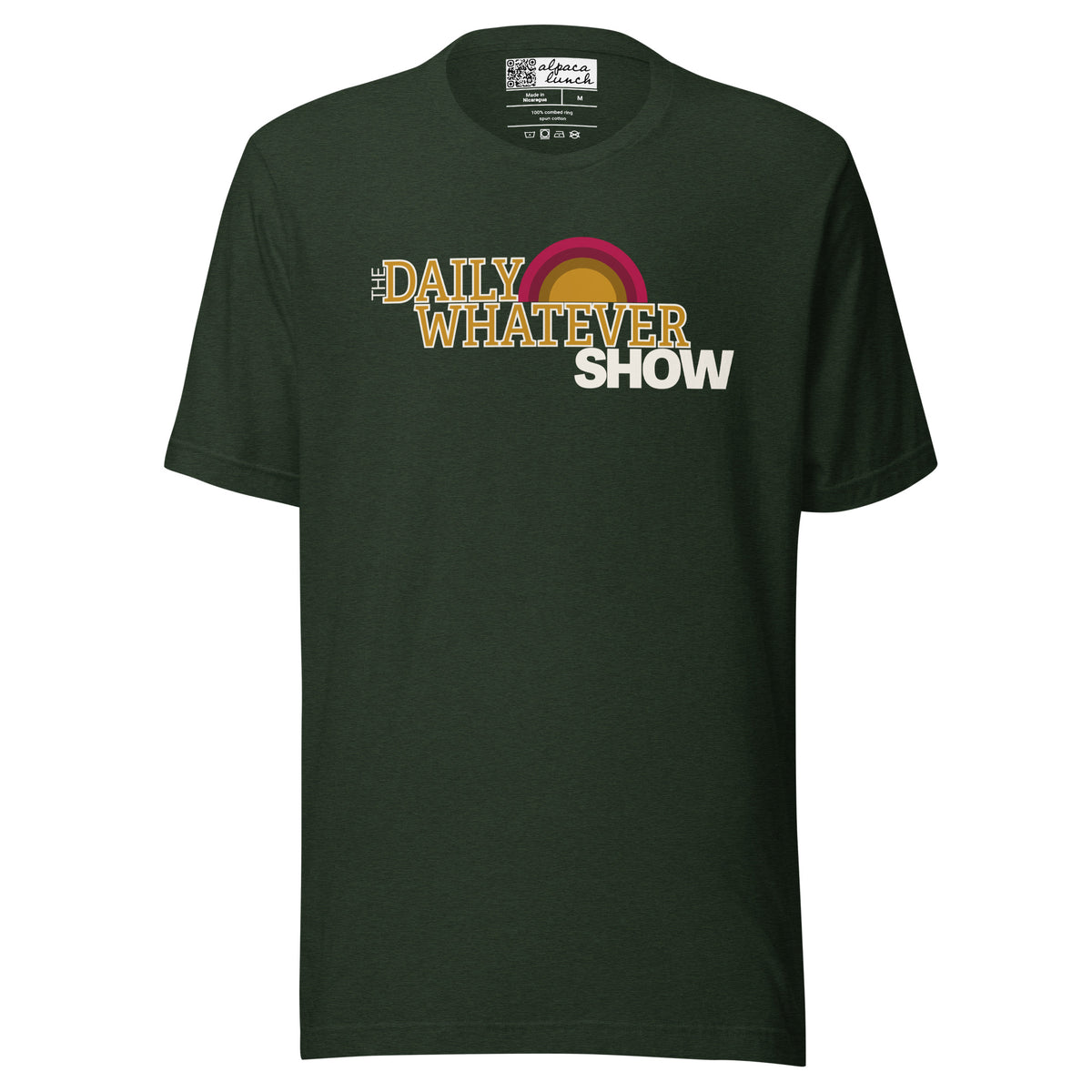 Daily Whatever Show logo unisex tee in Heather Emerald, front view
