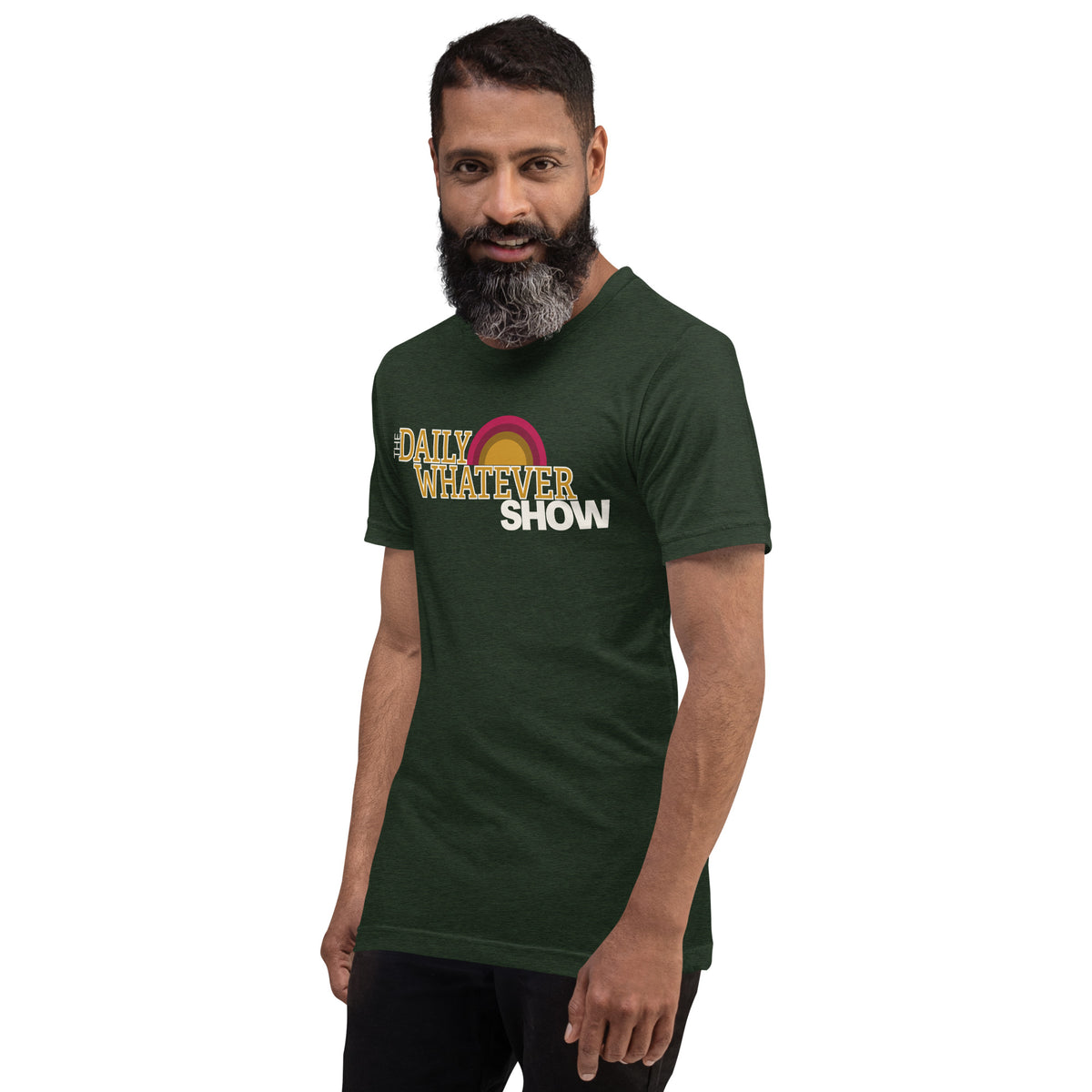 Daily Whatever Show logo unisex tee in Heather Emerald, on a model, angled left
