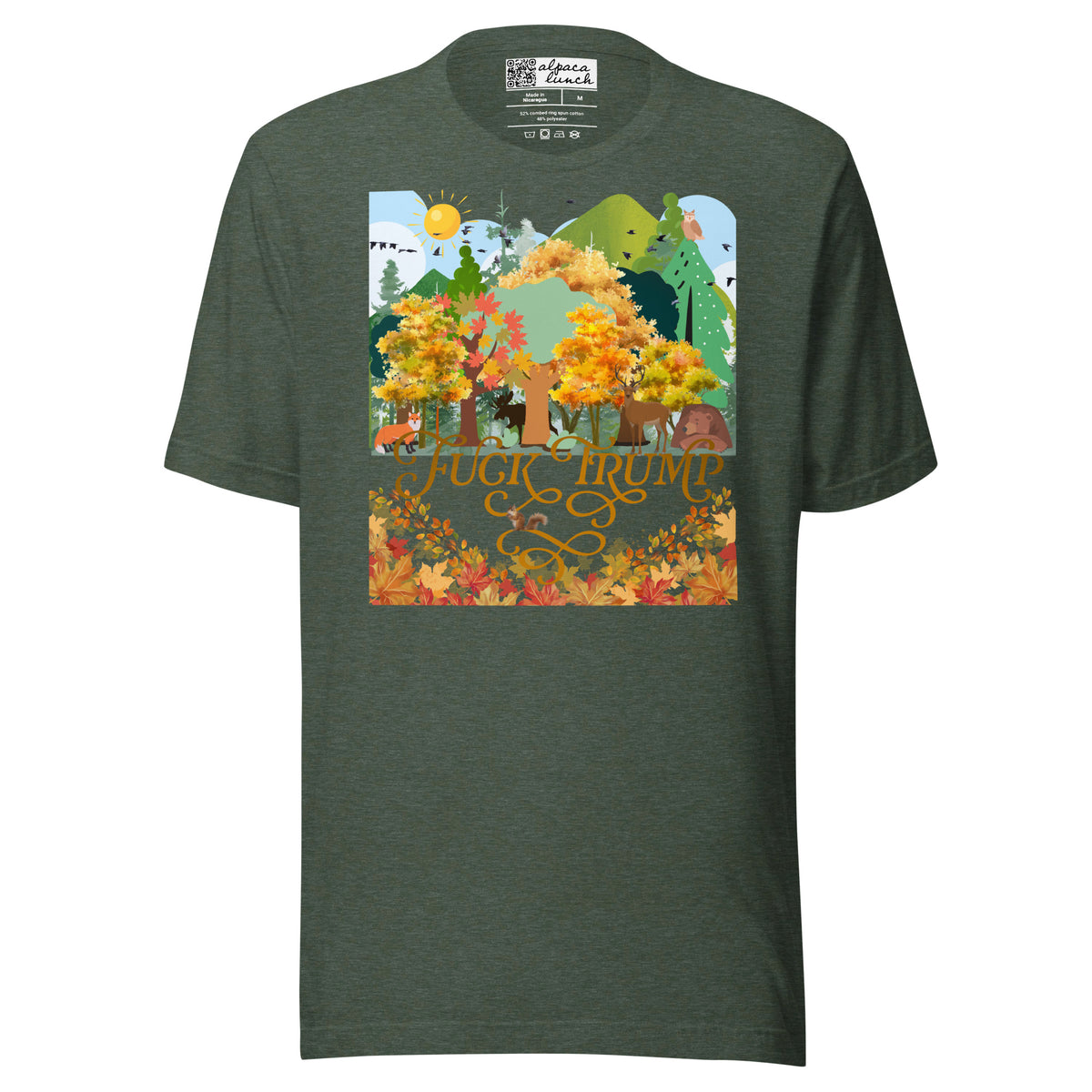 Fuck Trump Forest unisex tee in Heather Forest, front view