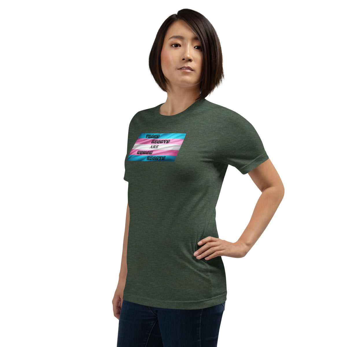 Trans Rights Are Human Rights unisex tee in Heather Forest, left front view