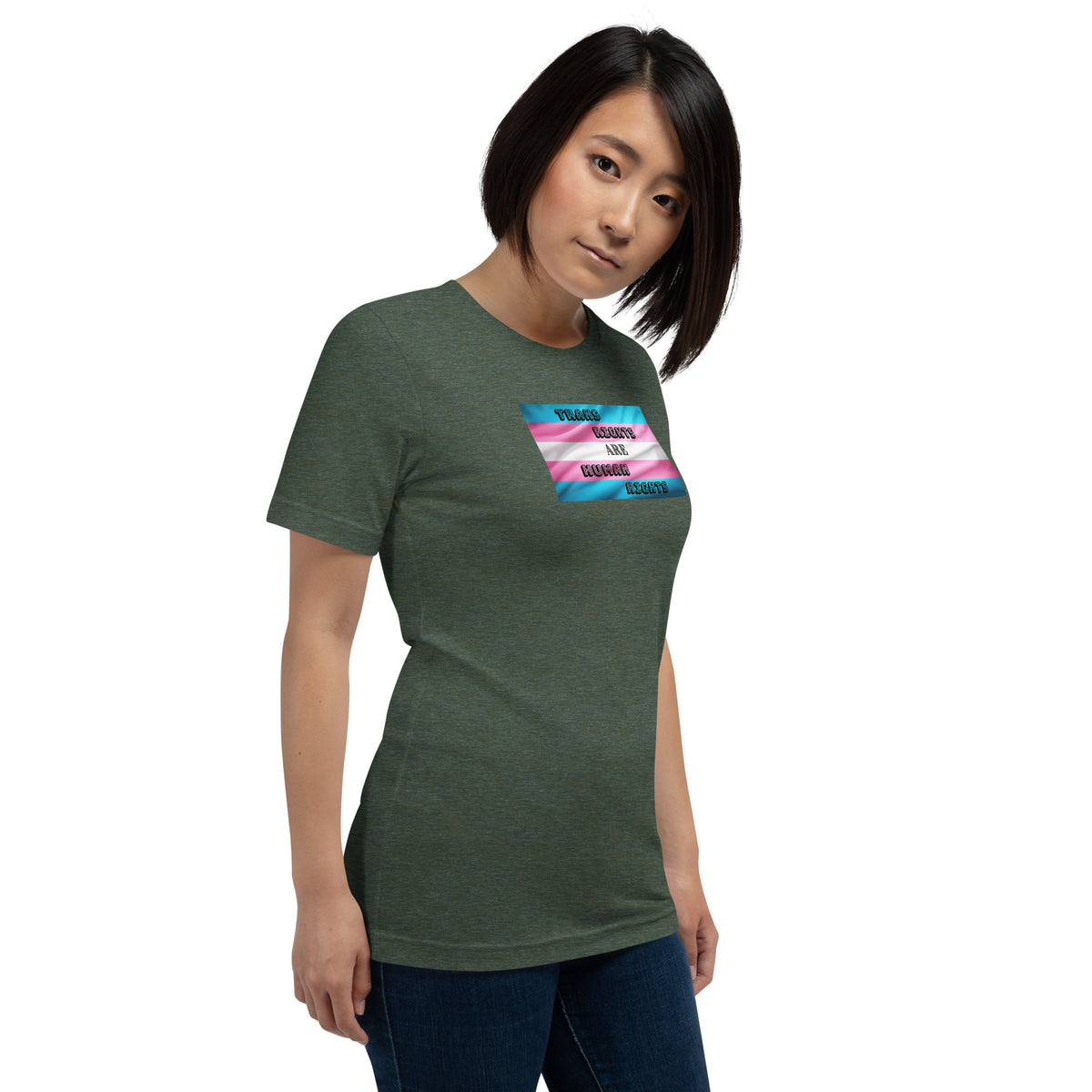 Trans Rights Are Human Rights unisex tee in Heather Forest, right front view