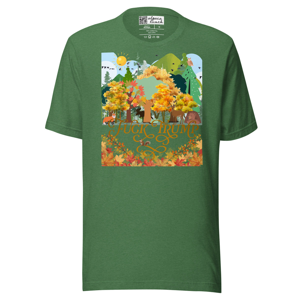 Fuck Trump Forest unisex tee in Heather Grass Green, front view