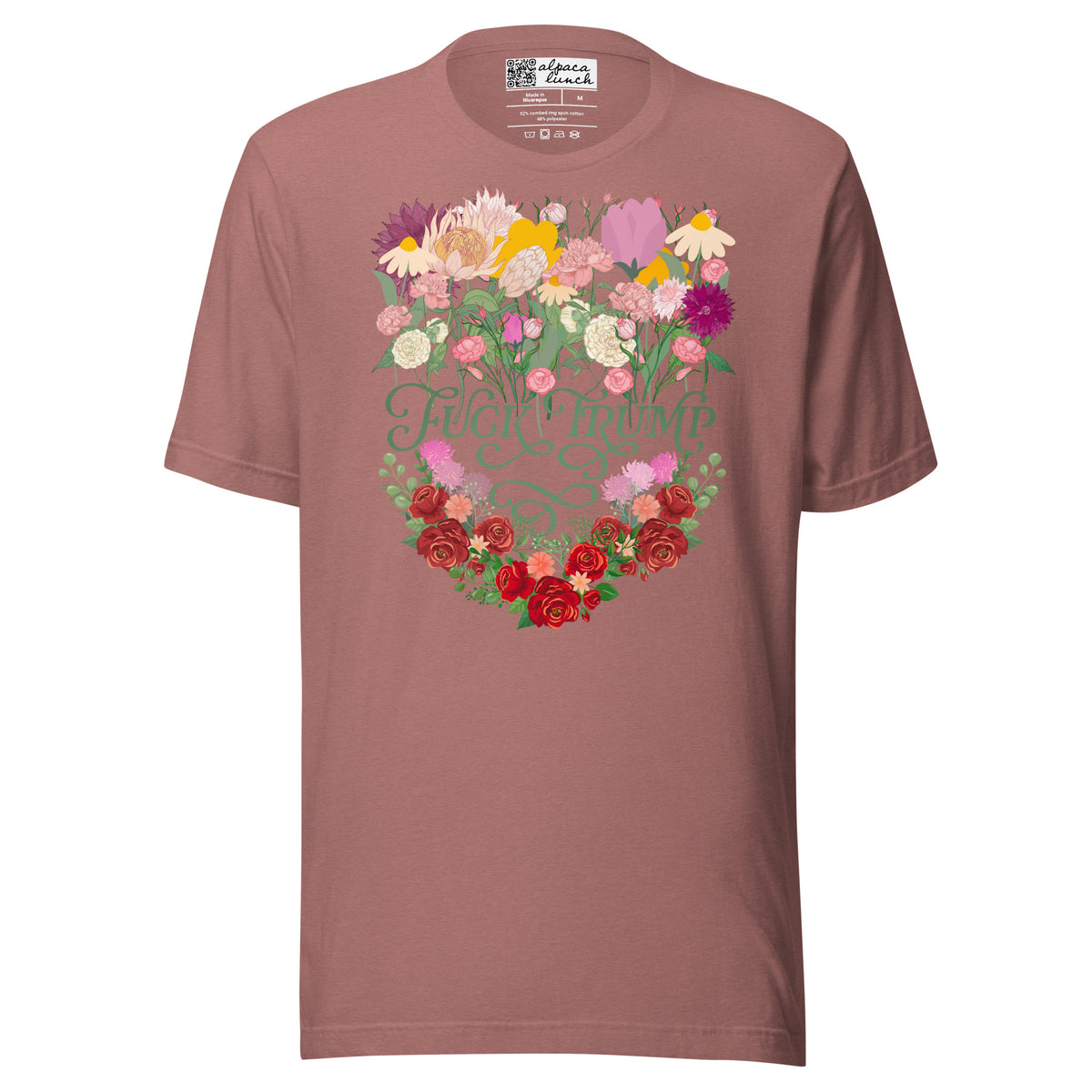 Fuck Trump Flowers unisex tee in Heather Mauve, front view