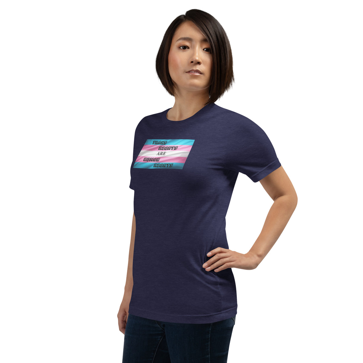 Trans Rights Are Human Rights unisex tee in Heather Midnight Navy, left front view