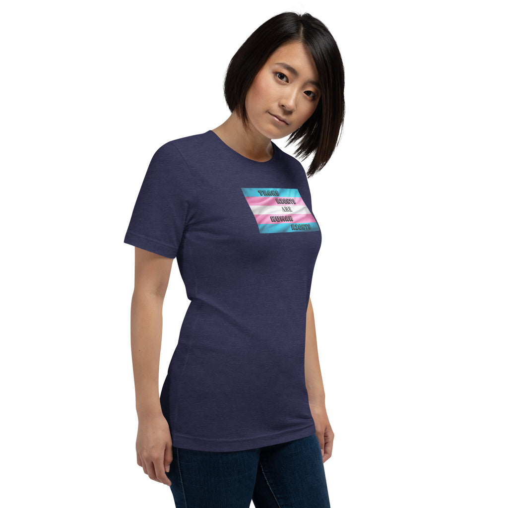 Trans Rights Are Human Rights unisex tee in Heather Midnight Navy, right front view
