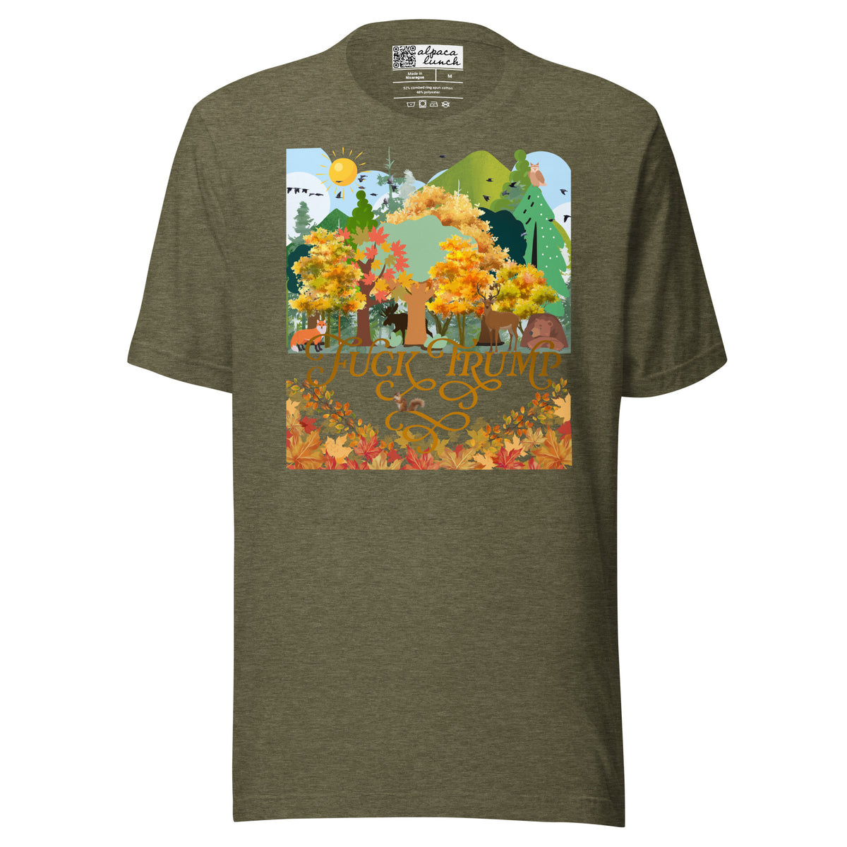 Fuck Trump Forest unisex tee in Heather Olive, front view