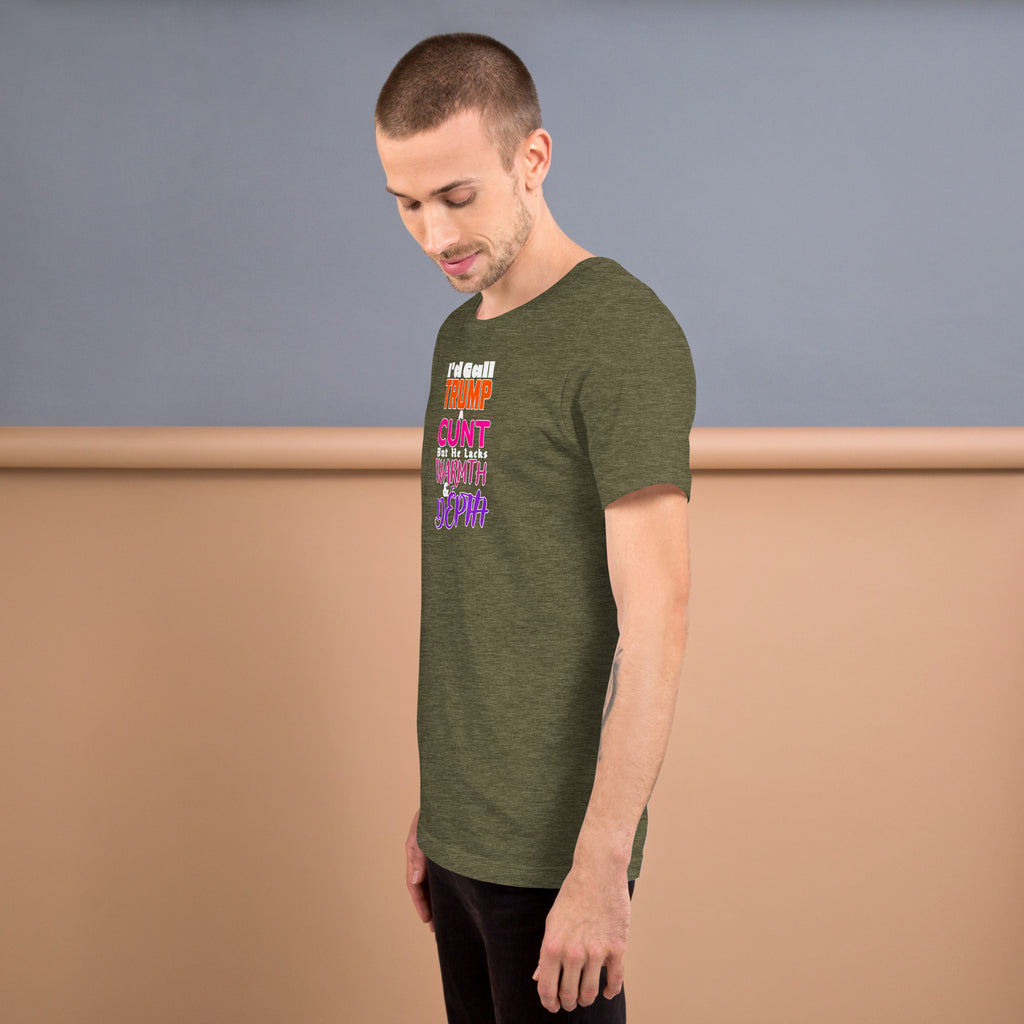 I’d Call Trump a Cunt Dark unisex tee in Heather Olive, left view
