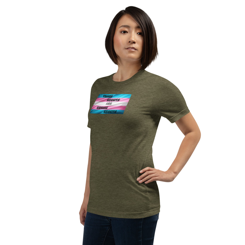 Trans Rights Are Human Rights unisex tee in Heather Olive, left front view