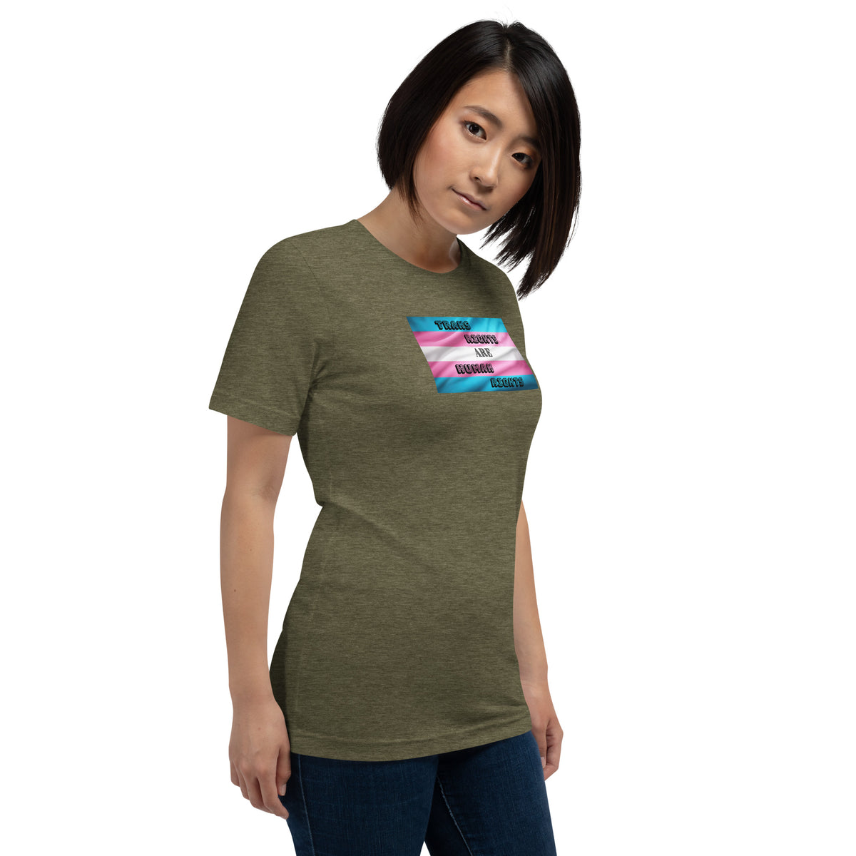 Trans Rights Are Human Rights unisex tee in Heather Olive, right front view