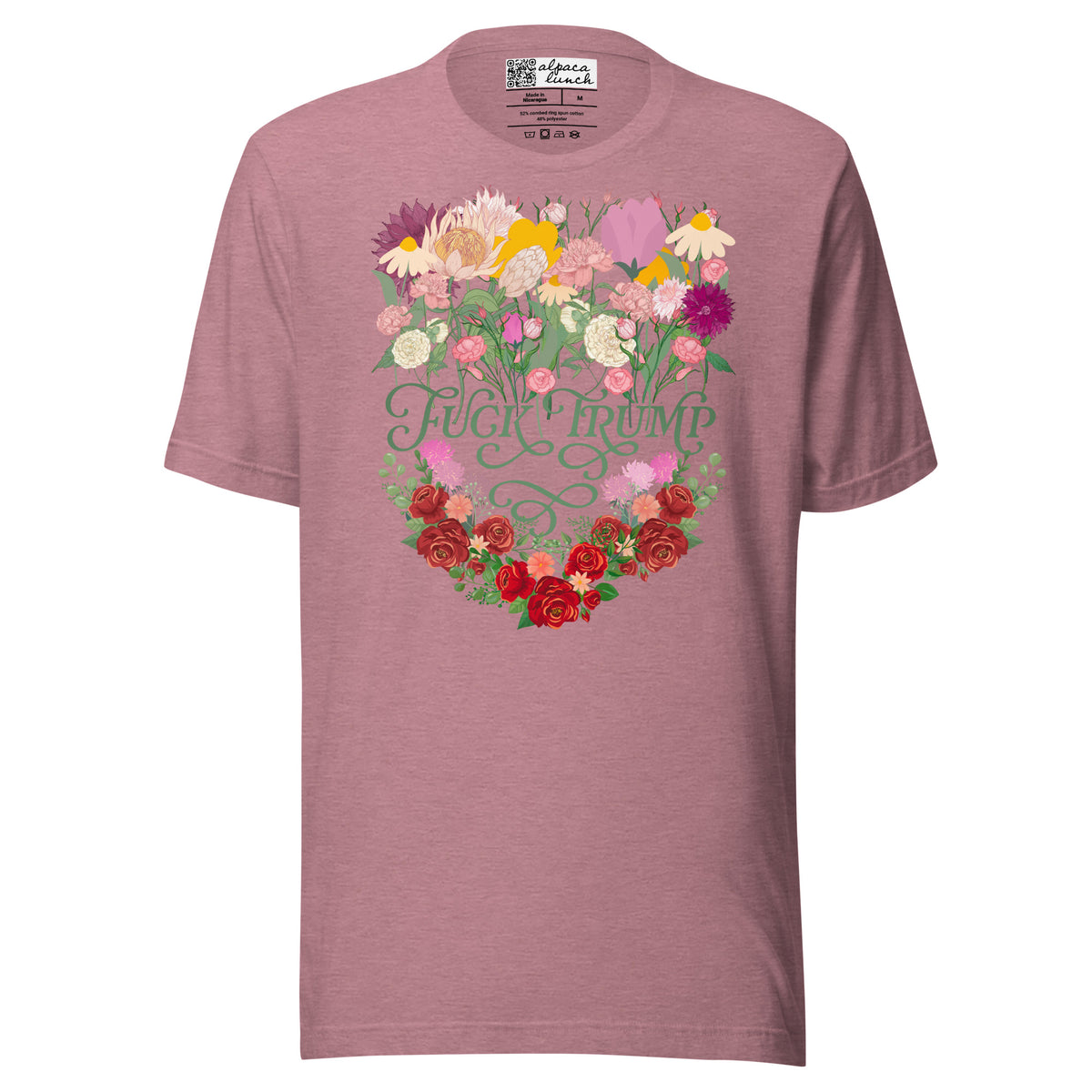 Fuck Trump Flowers unisex tee in Heather Orchid, front view