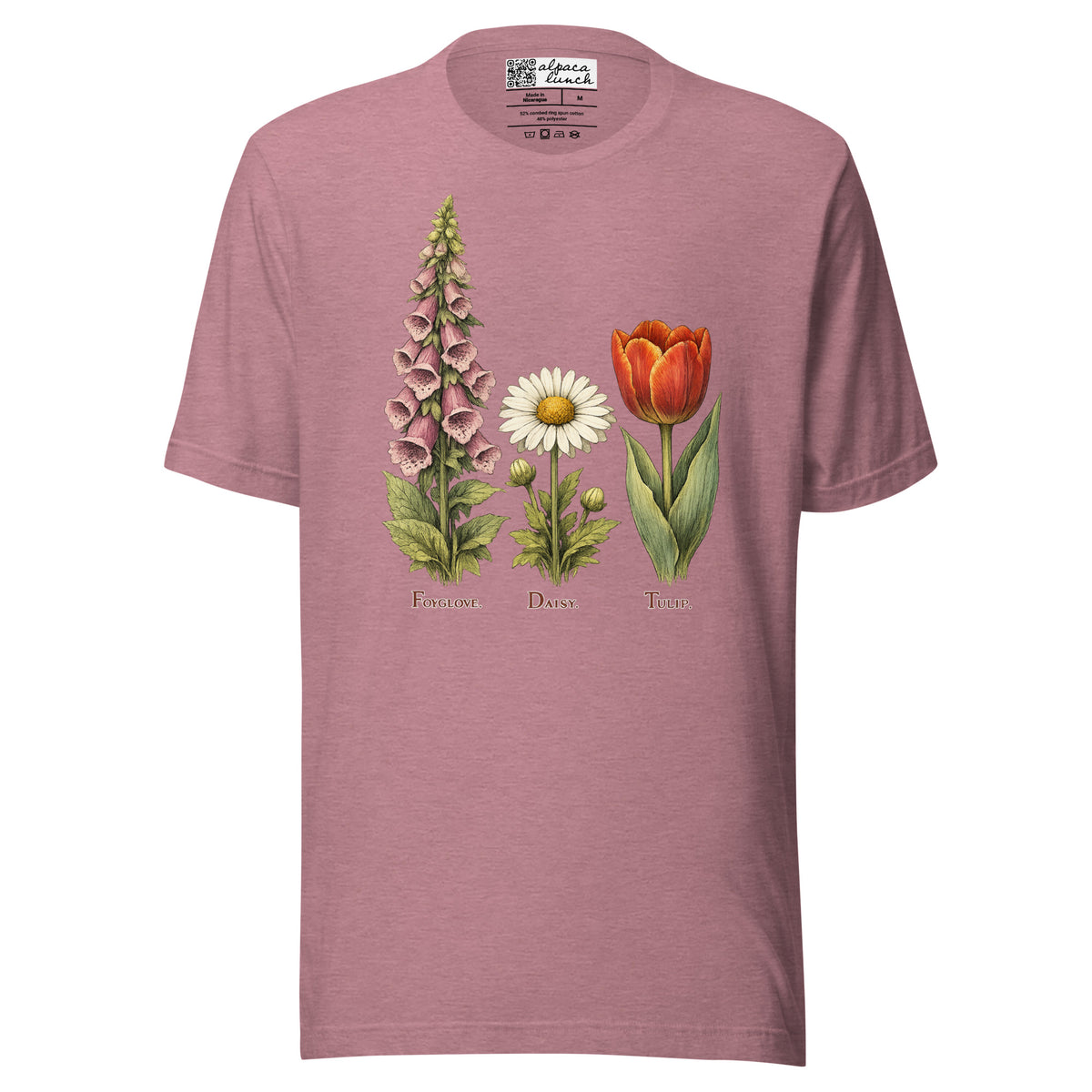 F.D.T. Botanical Study unisex tee in Heather Orchid, front view