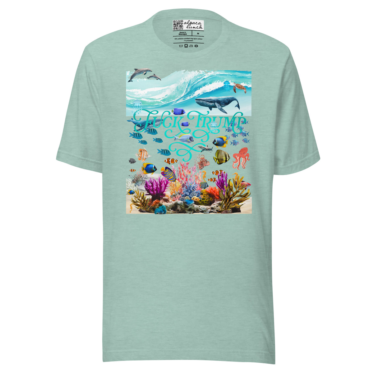 Fuck Trump Ocean unisex tee in Heather Prism Dusty Blue, front view