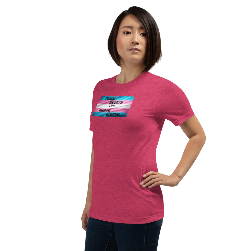 Trans Rights Are Human Rights unisex tee in Heather Raspberry, left front view