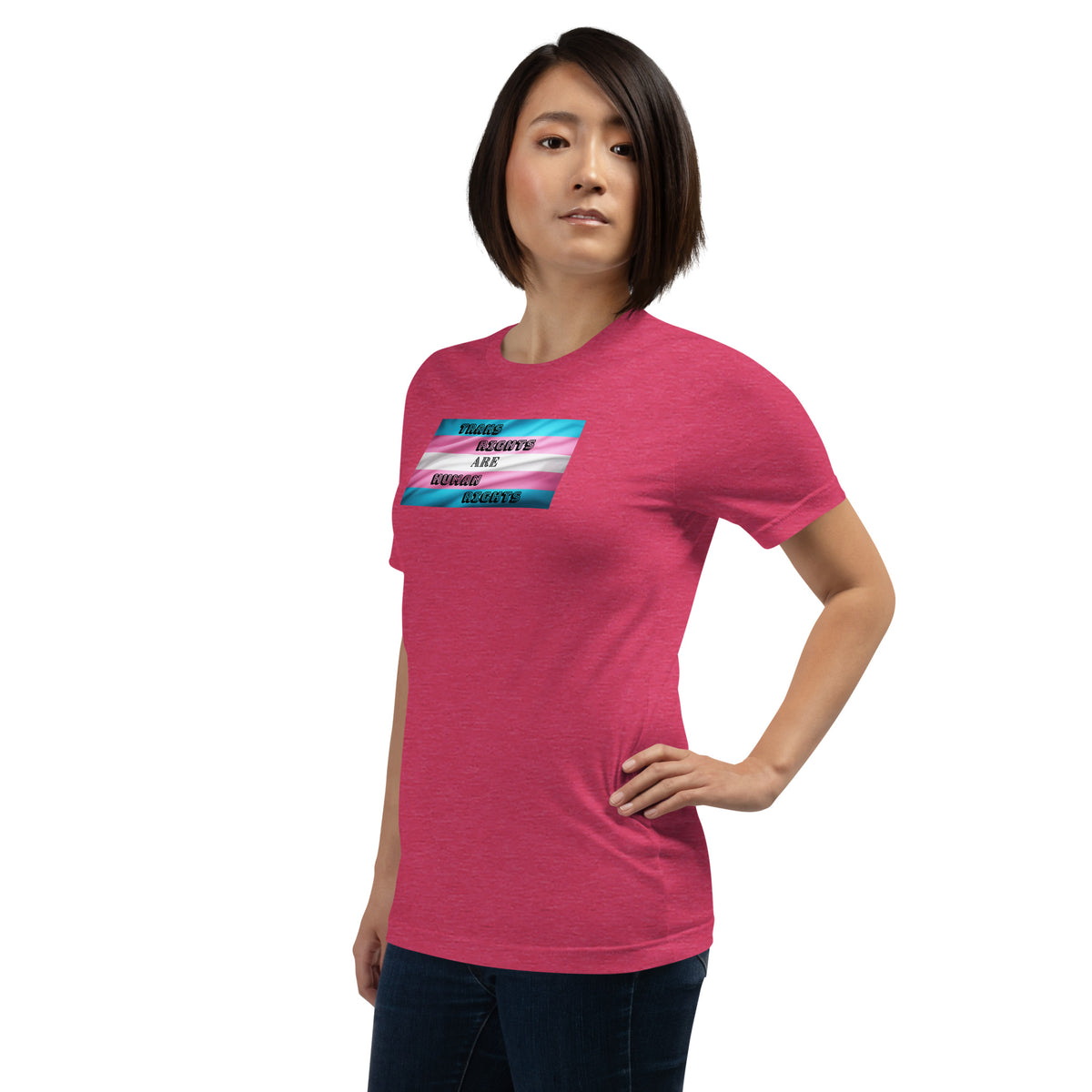 Trans Rights Are Human Rights unisex tee in Heather Raspberry, left front view