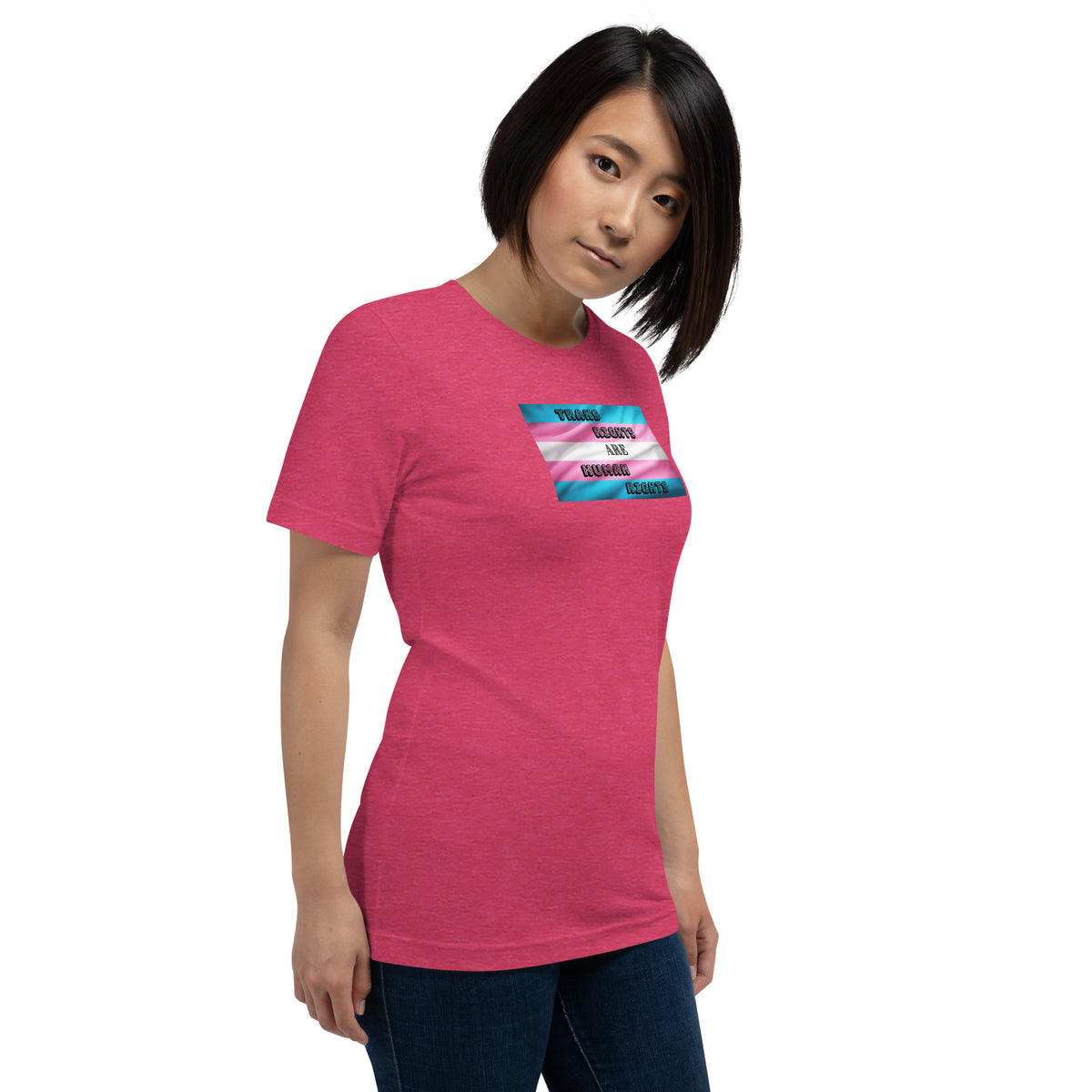 Trans Rights Are Human Rights unisex tee in Heather Raspberry, right front view