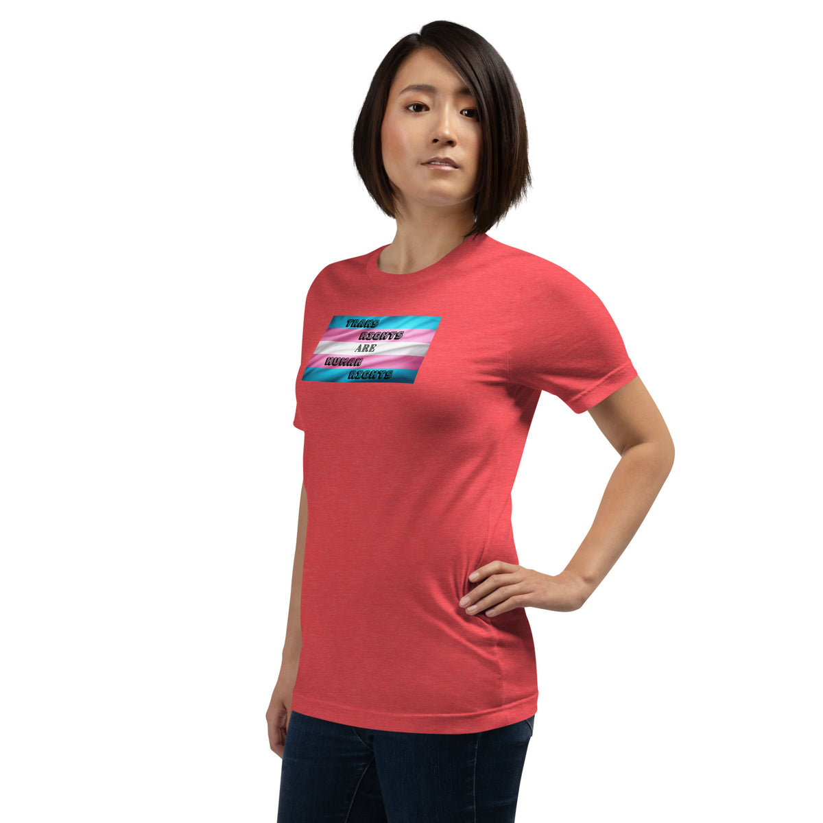 Trans Rights Are Human Rights unisex tee in Heather Red, left front view