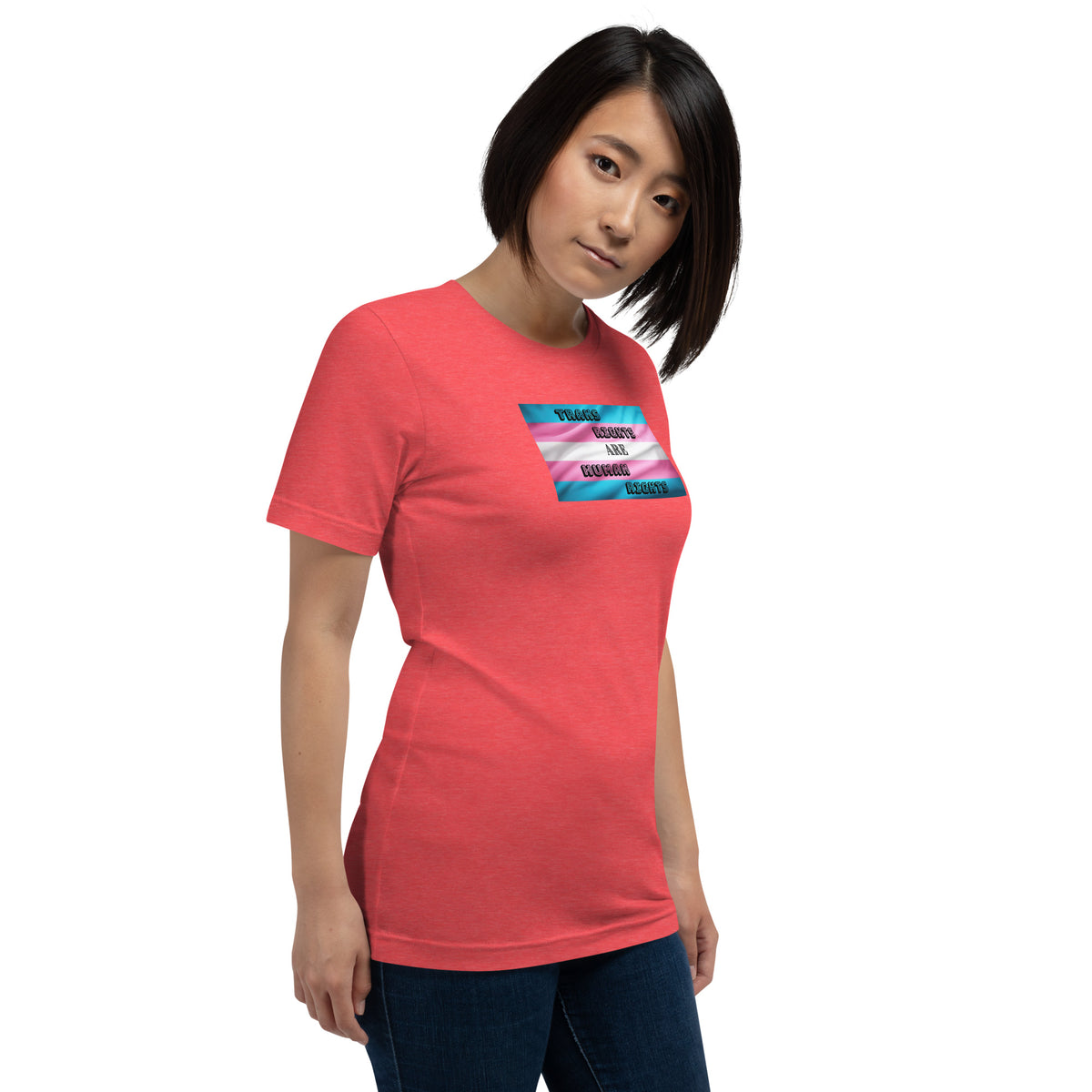 Trans Rights Are Human Rights unisex tee in Heather Red, right front view