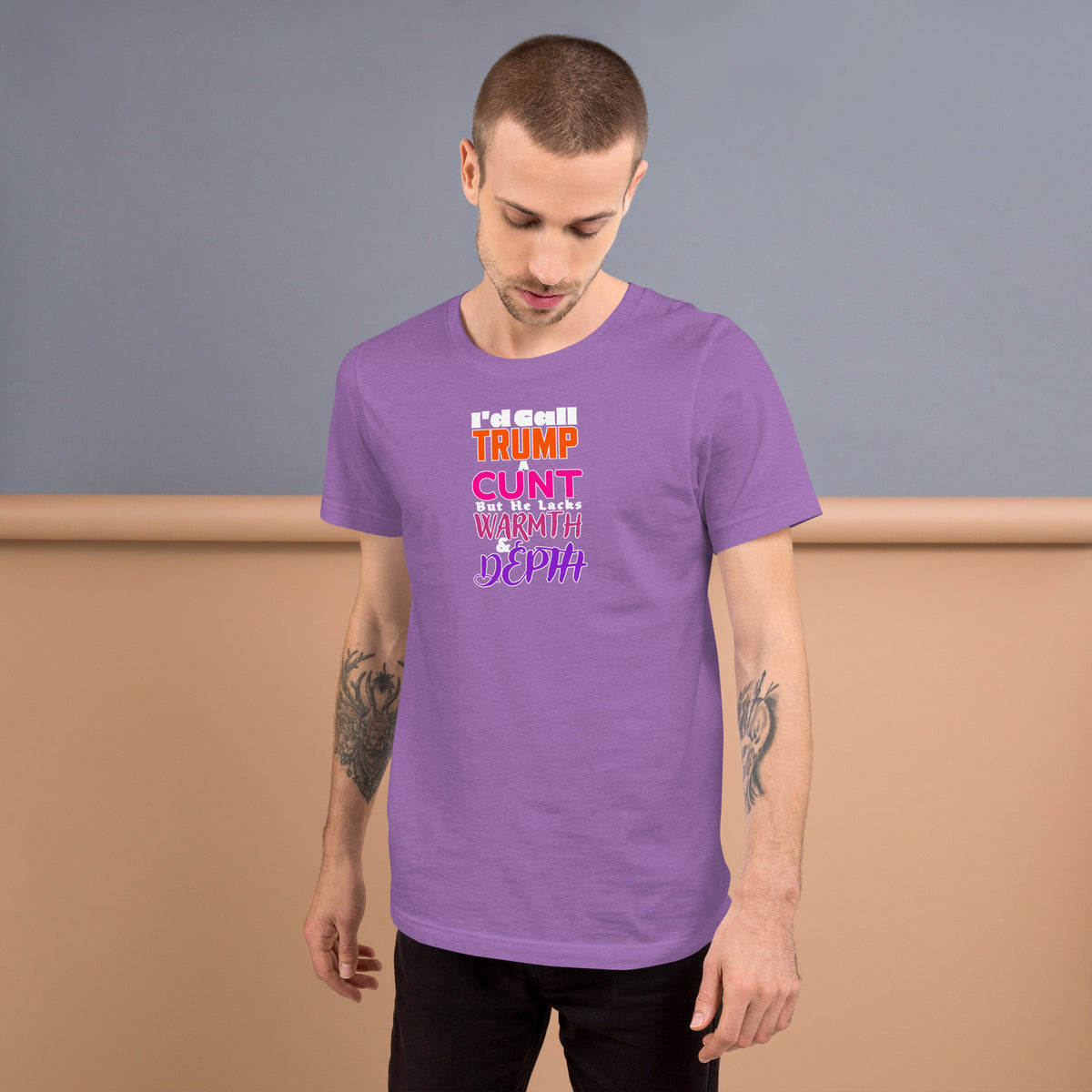 I’d Call Trump a Cunt Dark unisex tee in Heather Team Purple, front view