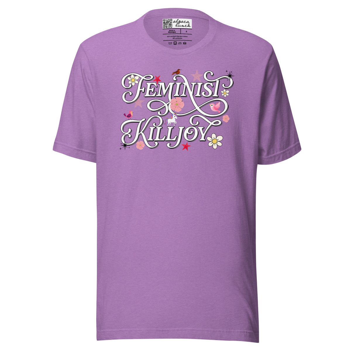 Feminist Killjoy Autumn unisex tee in Heather Team Purple, front view