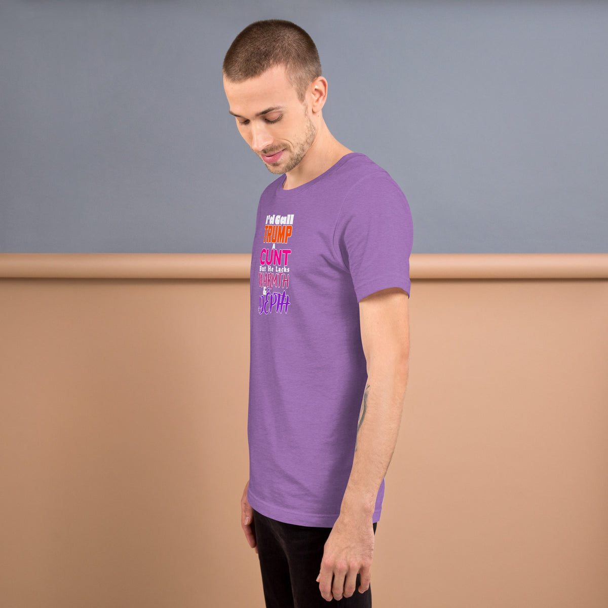 I’d Call Trump a Cunt Dark unisex tee in Heather Team Purple, left view
