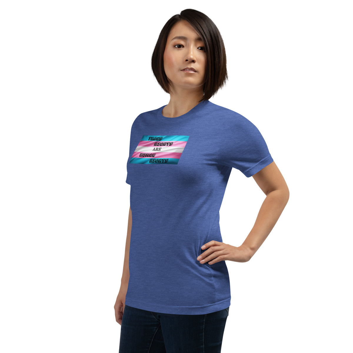 Trans Rights Are Human Rights unisex tee in Heather True Royal, left front view