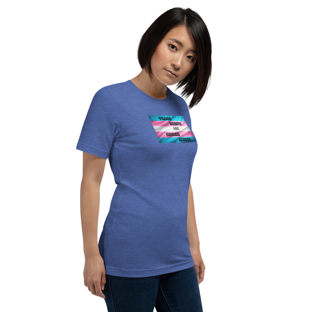 Trans Rights Are Human Rights unisex tee in Heather True Royal, right front view