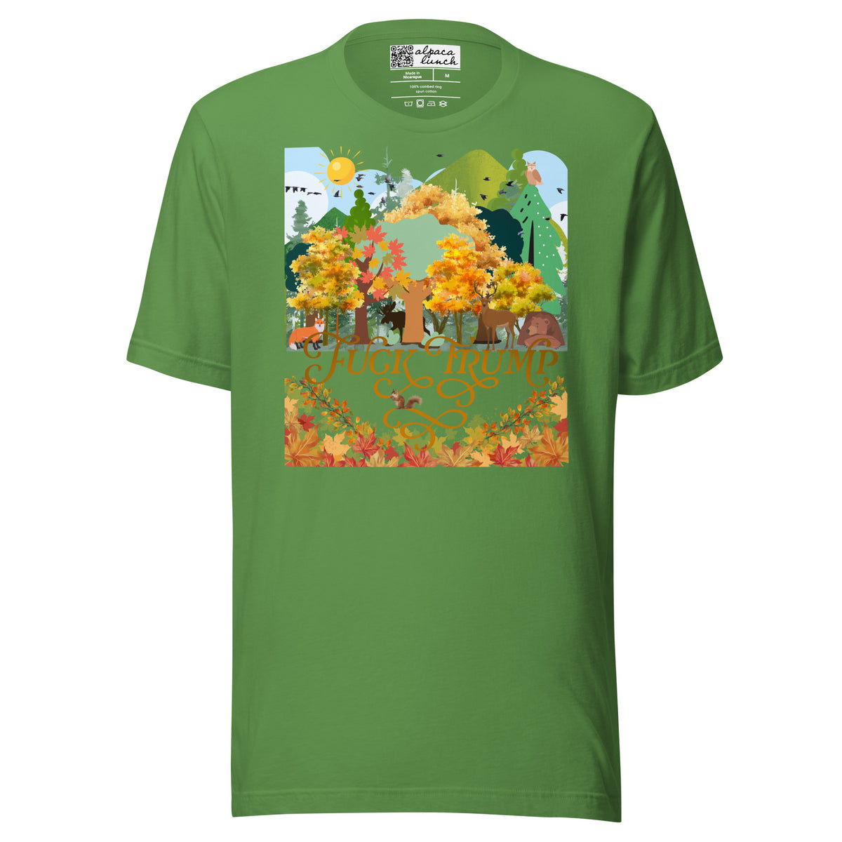 Fuck Trump Forest unisex tee in Leaf, front view