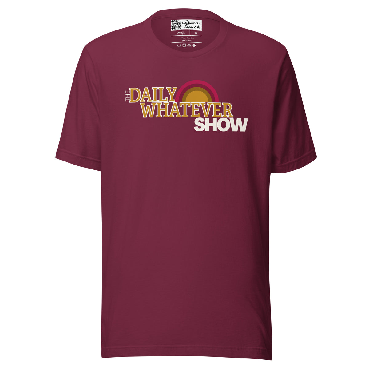 Daily Whatever Show logo unisex tee in Maroon, front view