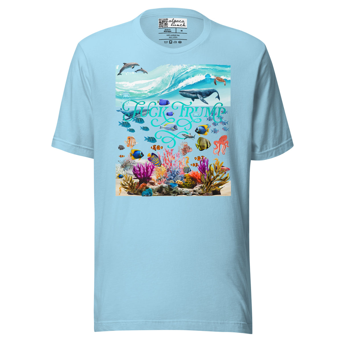 Fuck Trump Ocean unisex tee in Ocean Blue, front view