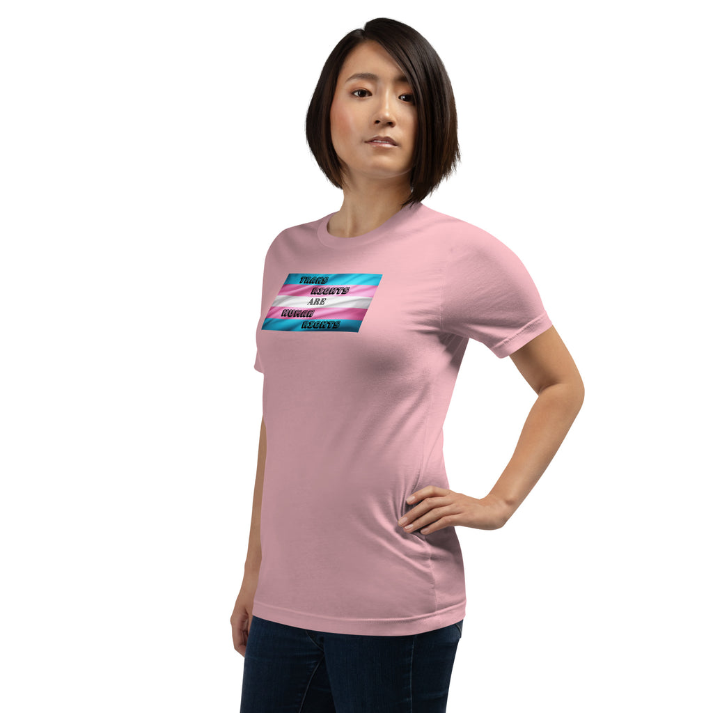 Trans Rights Are Human Rights unisex tee in Pink, left front view