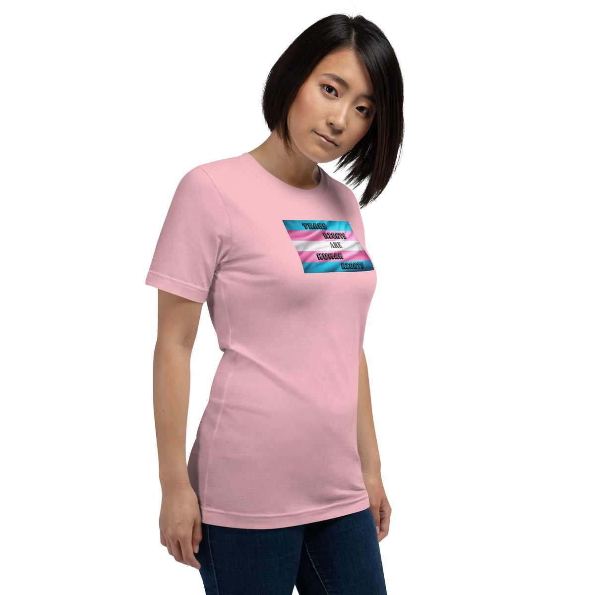 Trans Rights Are Human Rights unisex tee in Pink, right front view