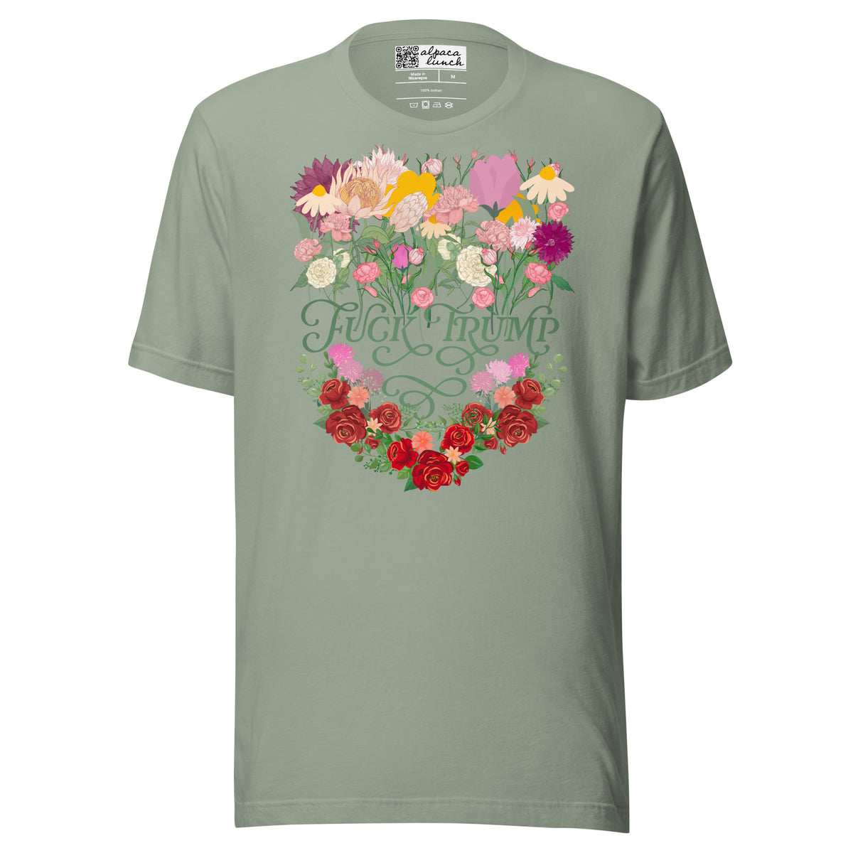 Fuck Trump Flowers unisex tee in Sage, front view