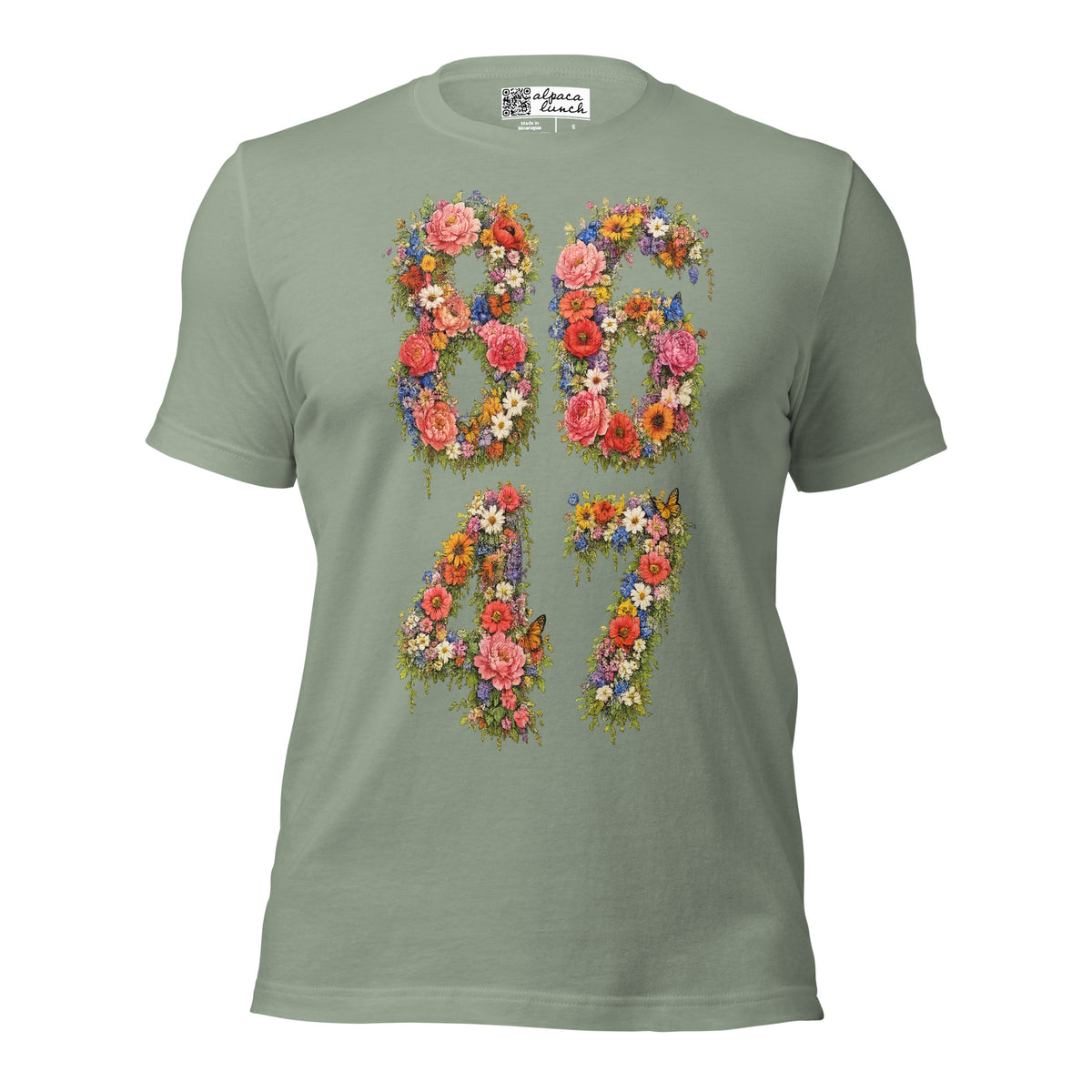 8647 Flowers unisex tee in Sage, front view