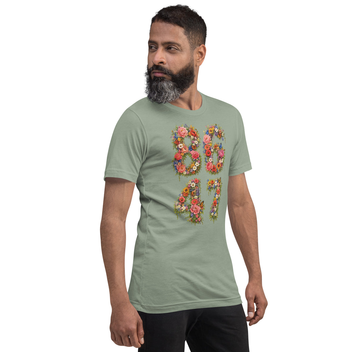 8647 Flowers unisex tee in Sage, right front view
