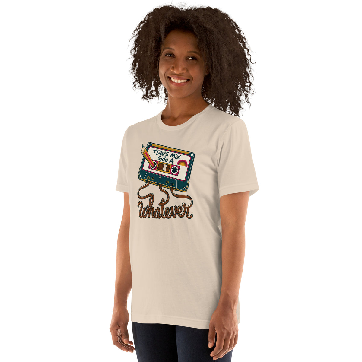 Whatever. mixtape unisex tee in Soft Cream, angled left