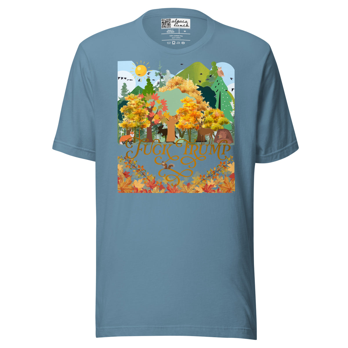 Fuck Trump Forest unisex tee in Steel Blue, front view