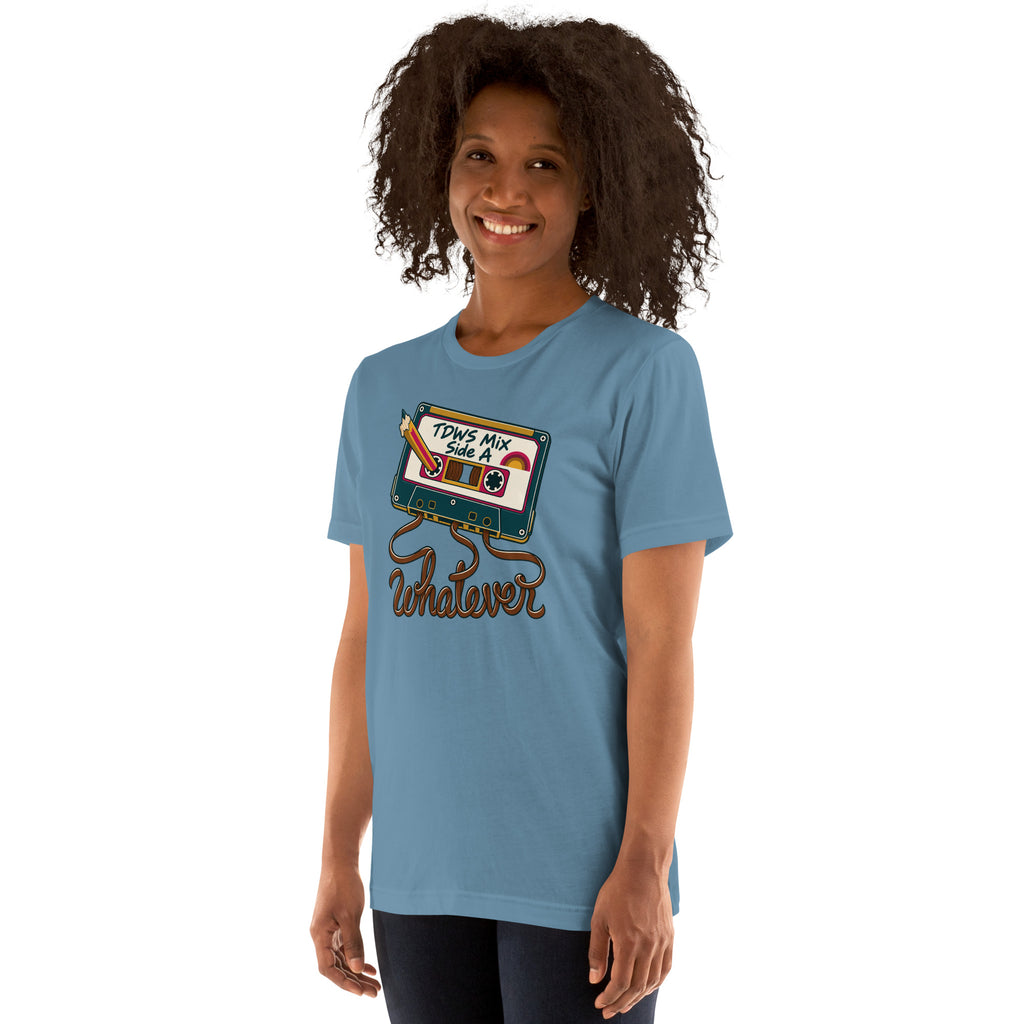 Whatever. mixtape unisex tee in Steel Blue, angled left