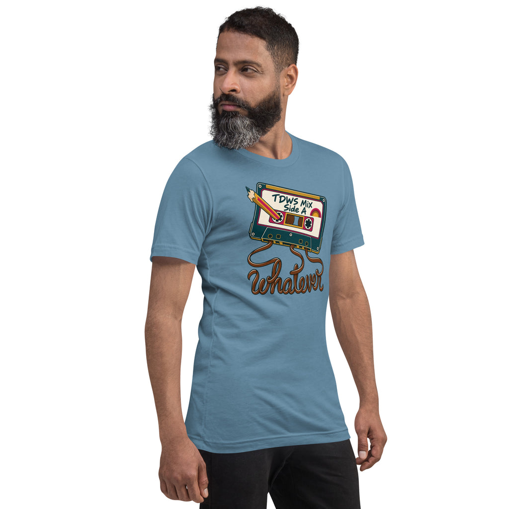 Whatever. mixtape unisex tee in Steel Blue, angled right