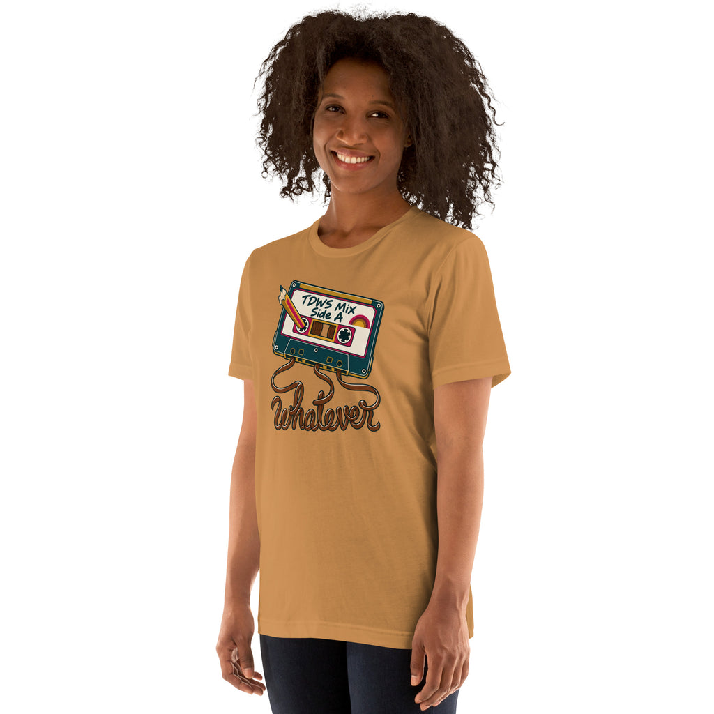 Whatever. mixtape unisex tee in Toast, angled left