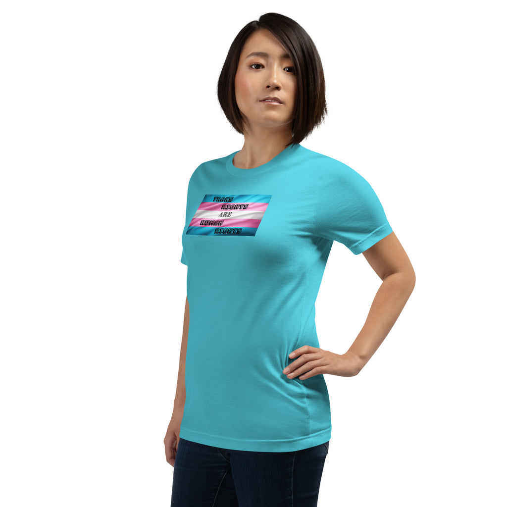 Trans Rights Are Human Rights unisex tee in Turquoise, left front view