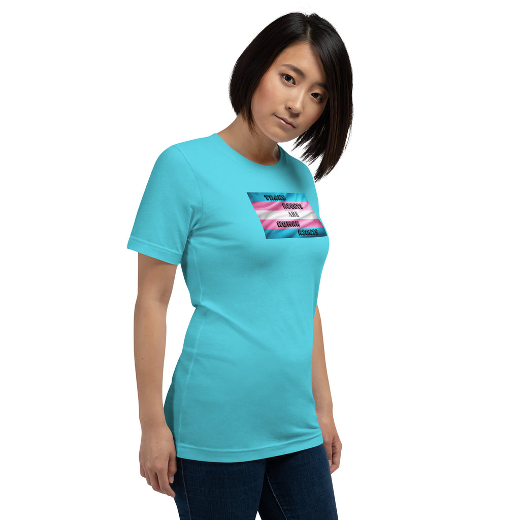 Trans Rights Are Human Rights unisex tee in Turquoise, right front view
