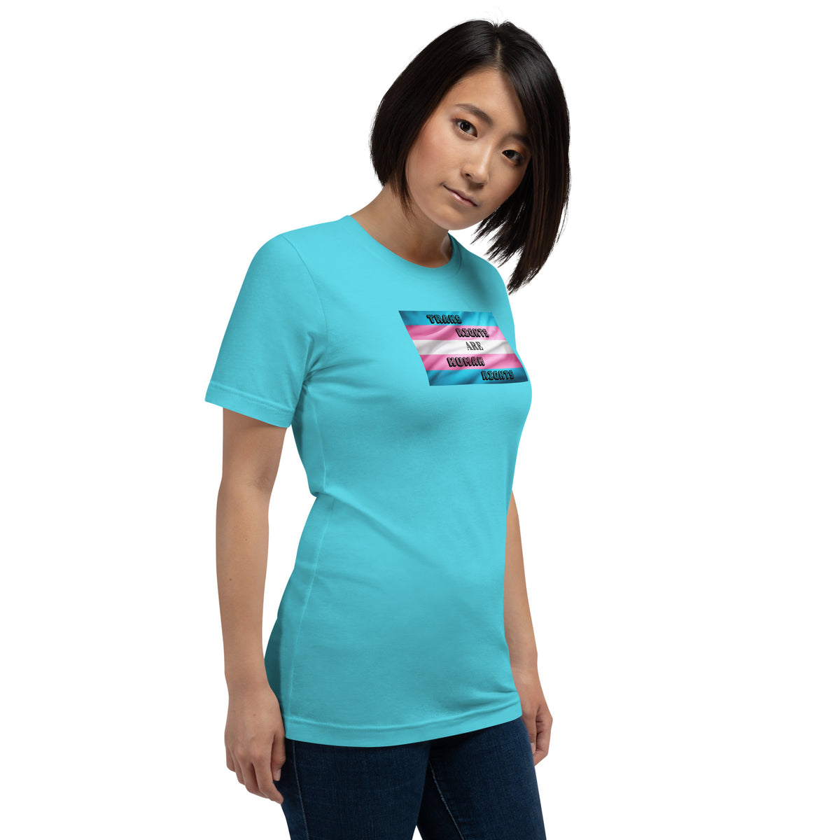 Trans Rights Are Human Rights unisex tee in Turquoise, right front view