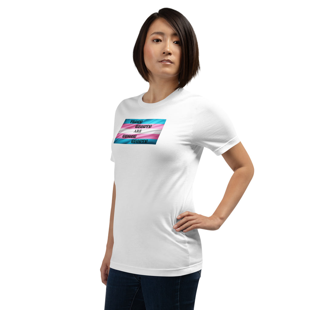 Trans Rights Are Human Rights unisex tee in White, left front view