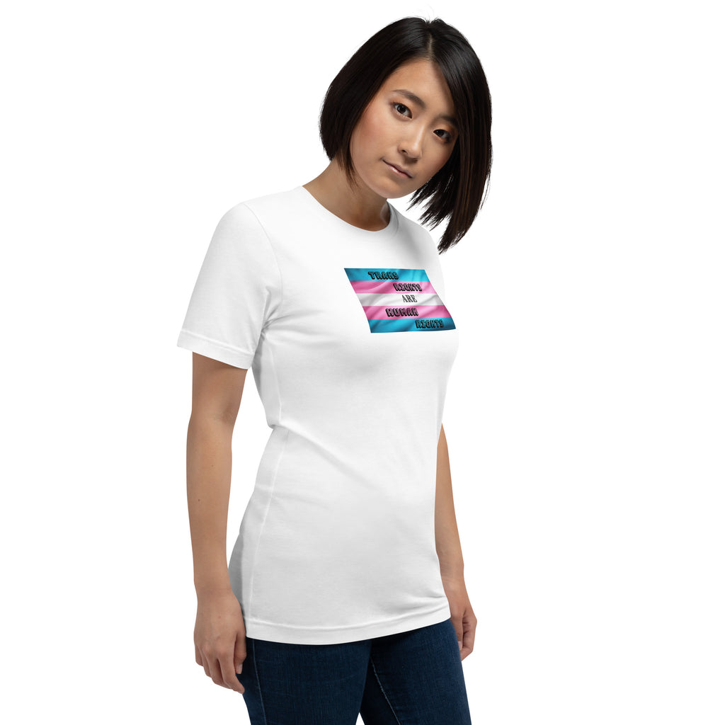 Trans Rights Are Human Rights unisex tee in White, right front view