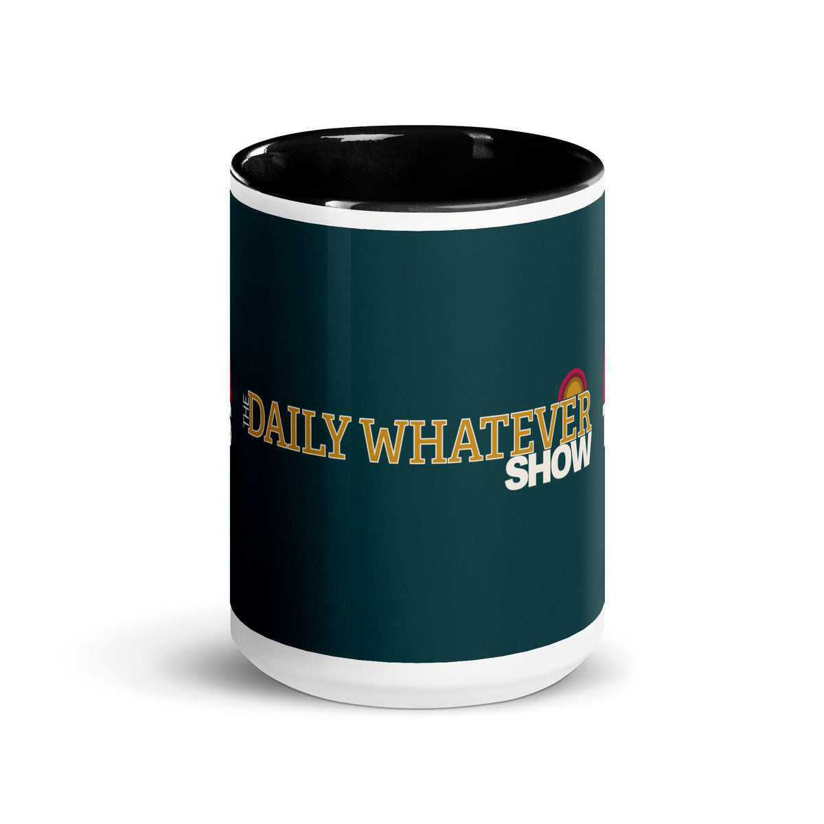 Daily Whatever Show TDWS 15 oz mug in deep teal with black inside, front view with the Daily Whatever Show wordmark