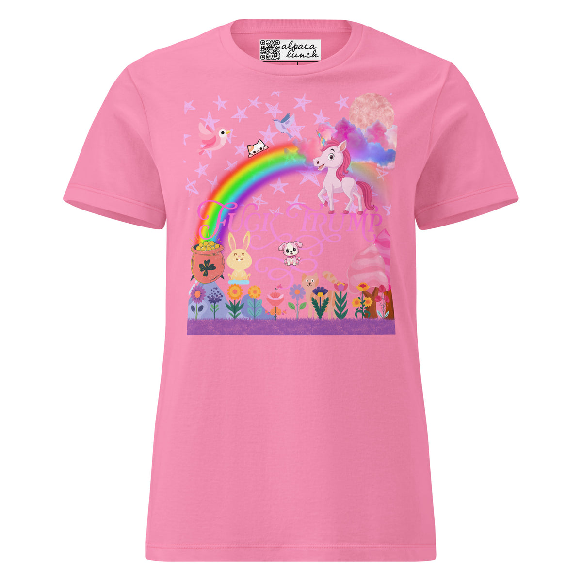Fuck Trump Rainbow women’s tee in Azalea, front view